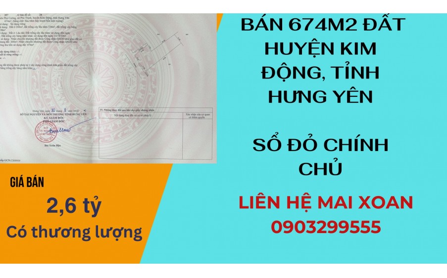 Cần bán 674m2 đất huyên Kim Động, Hưng Yên, ngõ thông, ô tô vào tận nơi. Sổ đỏ chính chủ